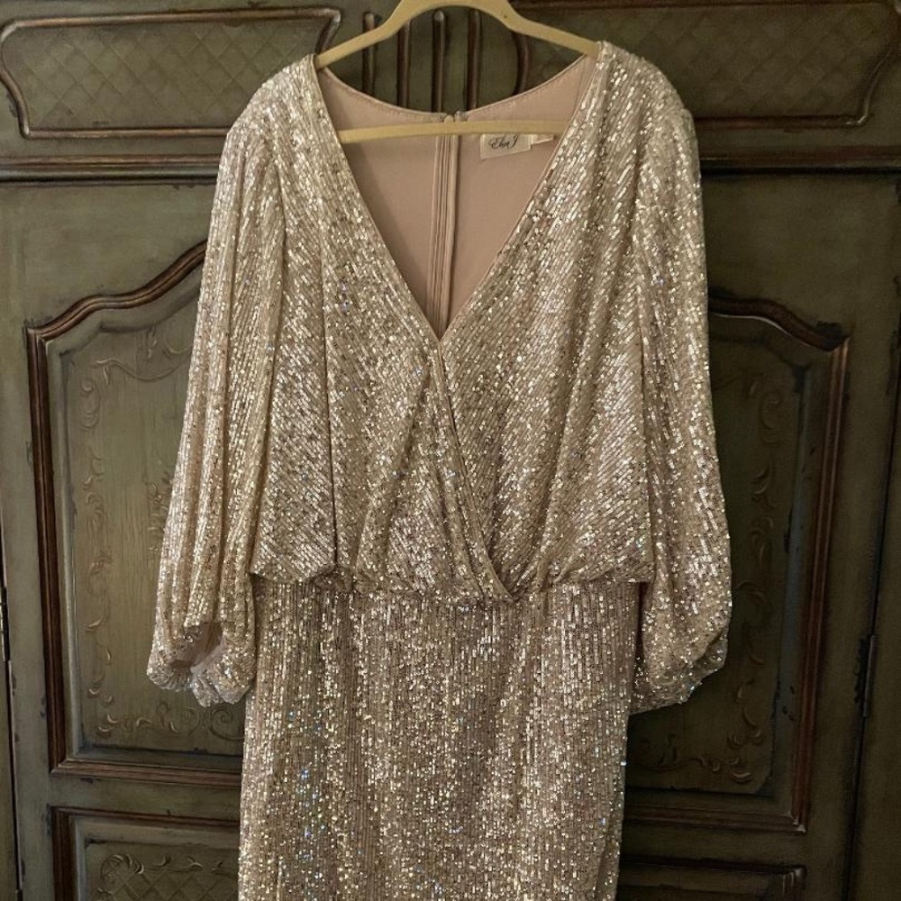 Eliza J 20W Silver shimmer sequin cocktail dress with blouson sleeve